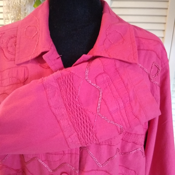Coldwater Creek 2X Bright Pink Embroidered Button-Up Cotton Shirt Blouse - Picture 3 of 9